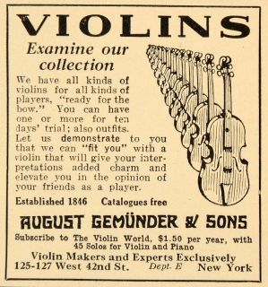 1925 Ad August Gemunder Violins Makers New York World Original