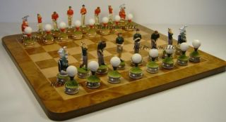 Golf Chess Set w Burlwood Board New