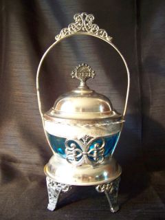 Blue Optic Glass Sugar Bowl Spoon Holder Silverplate Rogers Silver