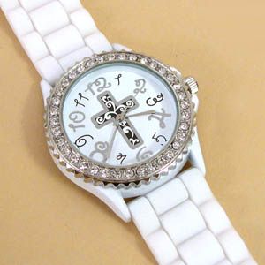the auction is for beautiful white cross silicone watch with crystal