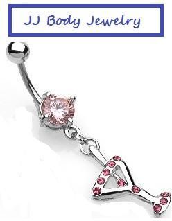 Navel Belly Button Bar Ring Martini Glass Dangle Piercing Pink Body