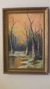 Vintage Moonlit Snowy Landscape Original Oil Painting Signed HG Circa