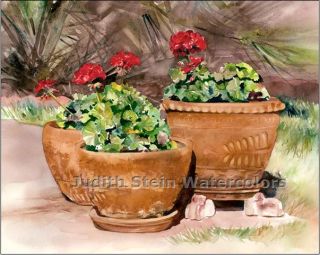 Red Geraniums Soutwest Flower Pots 8 x10 Giclee Watercolor Signed