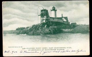Gloucester MA Eastern Point Lighthouse 1900s Postcard, back is