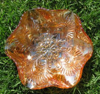 Brockwitz Germany Curved Star Headress Marigold Carnival Glass Bowl