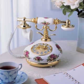 Golden Eagle Red Floral 9007 Corded Antique Porcelain French Telephone