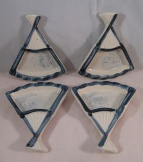 Vintage Lot 4 Asian Hand Fan Personal Ashtray Blue White Ceramic Patio