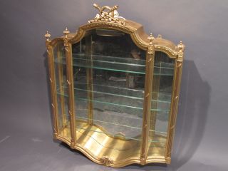  Gold Painted Wood Wall Curio Cabinet w 3 Glass Shelves Light