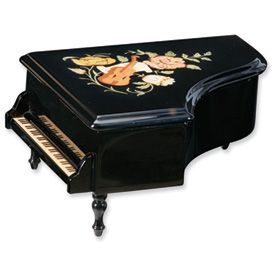 Rustic Burlwood Inlay Piano Shaped Musical Jewelry Box