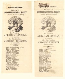 Two 1864 Presidential Election Ballots Abraham Lincoln Andrew Johnson