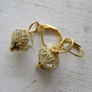 Small Clear AB Faceted Crystal, Gold Filigree, Tibetan Gold, Leverback