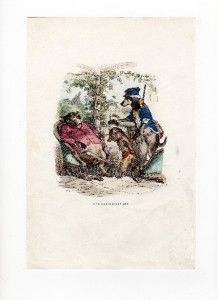1842 Grandville The Dog Meeting Hounds Fox Hand Colored Engraving