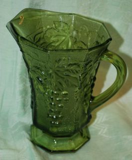  Green Glass Pitcher Embossed Grape Leaf Motif Footed Vintage