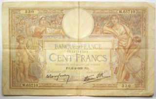 1939 Banque de France 100 Cent Francs Note Fine French WW II Paper