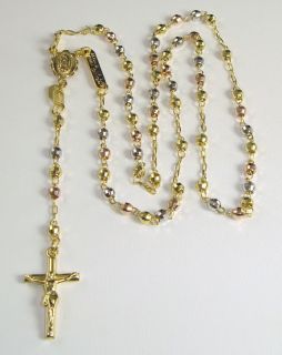 14k Tri Color Gold Rosary Chain Necklace 17 3mm 7 3G