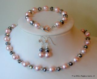 Glass Pearl and Silver Crystal Rondelle Necklace Bracelet and Earrings
