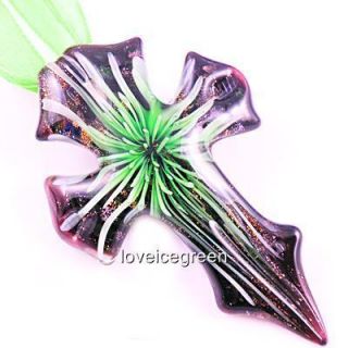  Green Flower Lampwork Glass Murano Bead Pendant Ribbon Necklace