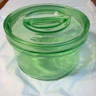 Green Vaseline Glass Refrigerator Jar