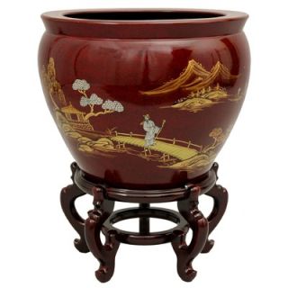 Oriental Furniture 16 Landscape Fish Bowl with Stand in French Red