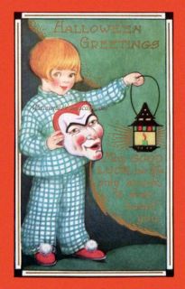 Whitney Halloween Girl w Mask and Lantern Repro Greeting Card