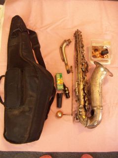 VINTAGE SAXOPHONE HAWKES & SON LONDON MADE IN CASE WITH PARTS SILVER