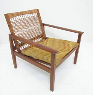 Pair Danish Teak Cane Lounge Chairs by Hans Olsen Denmark Mid Century