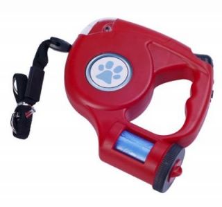  Retractable Pet Leash with Built in LED Light Bag Dispenser Red