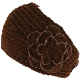 Hand Knit Headwrap Headband Chunky Flower Beaded Brown