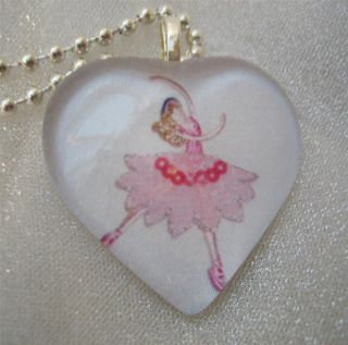 Pink Tutu Dance Heart Shaped Glass Pendant Art Necklace