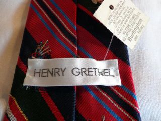 Vintage Henry Grethel Scottish Bagpiper Striped Tie Red Blue Silk