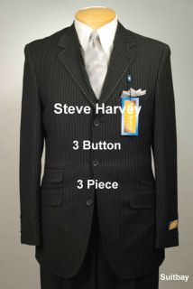46L Suit STEVE HARVEY 3 Piece Black Pin Stripe 46 Long   XH74