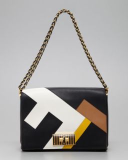 Claudia FF Leather Shoulder Bag, Black/Multicolor