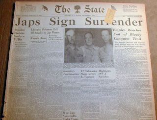 1945 WW II Headline Newspaper Japan Signs Surrender Ondeck US
