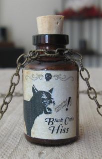 Black Cats Hiss Potion Bottle Necklace Pendant Apothecary Vial Witch