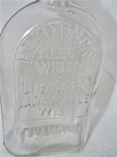  Janesville Wi Coffin Flask Whiskey Bottle HEMMINGS ALES WINES & LIQUOR