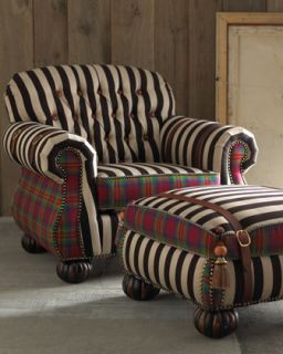 MacKenzie Childs Courtly Campaign Club Chair and Ottoman   Neiman