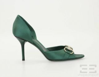  Emerald Green Satin & Silver Jeweled Horsebit Open Toe Heels Size 8B