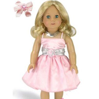  Clothes Pink Party Dress for 18 Doll with Sequin Necklace + Hair Bow