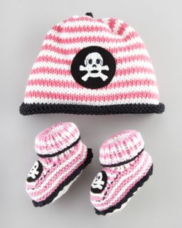 Z0WQ5 Art Walk Striped Skull Hat and Bootie Set, Light Pink