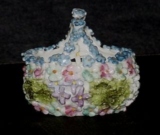 ELFINWARE BASKET marked GERMANY covered w/ moss, forget me nots GOOD