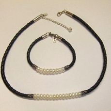 Honora Pearl Black Leather 925 SS Necklace and Bracelet Set