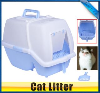 New Split Hooded Cat litter box litter pan entry grate with scoop Blue