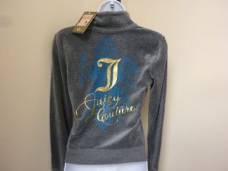 Juicy Couture Heather Gray Gold Blue Velour Tracksuit Sweatshirt