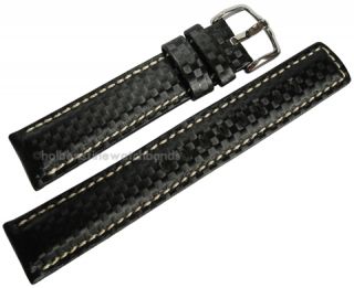 22mm Hirsch Carbon Fiber Style Black Leather Watch Band Strap