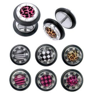 Fake Plugs with Zebra Design and CZ Gemmed Rims   16G (1.2mm) Wire