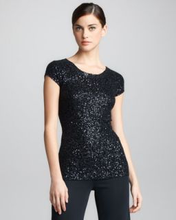 Sequined Cashmere Silk Top, Black