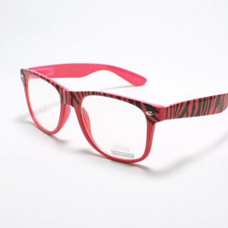 Thick Horn Rimmed Eyeglasses 80s Retro Zebra Pink Frame Clear Lens
