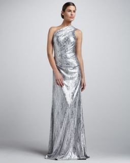 T5SZ9 David Meister Metallic One Shoulder Ruched Gown