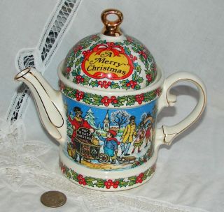 Sadler Porcelain Christmas Teapot Chestnut Vendor Ice Skaters England