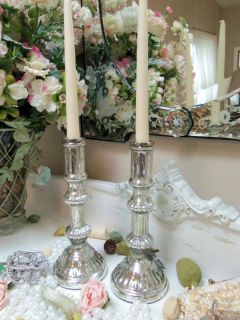 Pair of Silver Antiqued Mercury Glass Taper Candlestick Holders Paris
